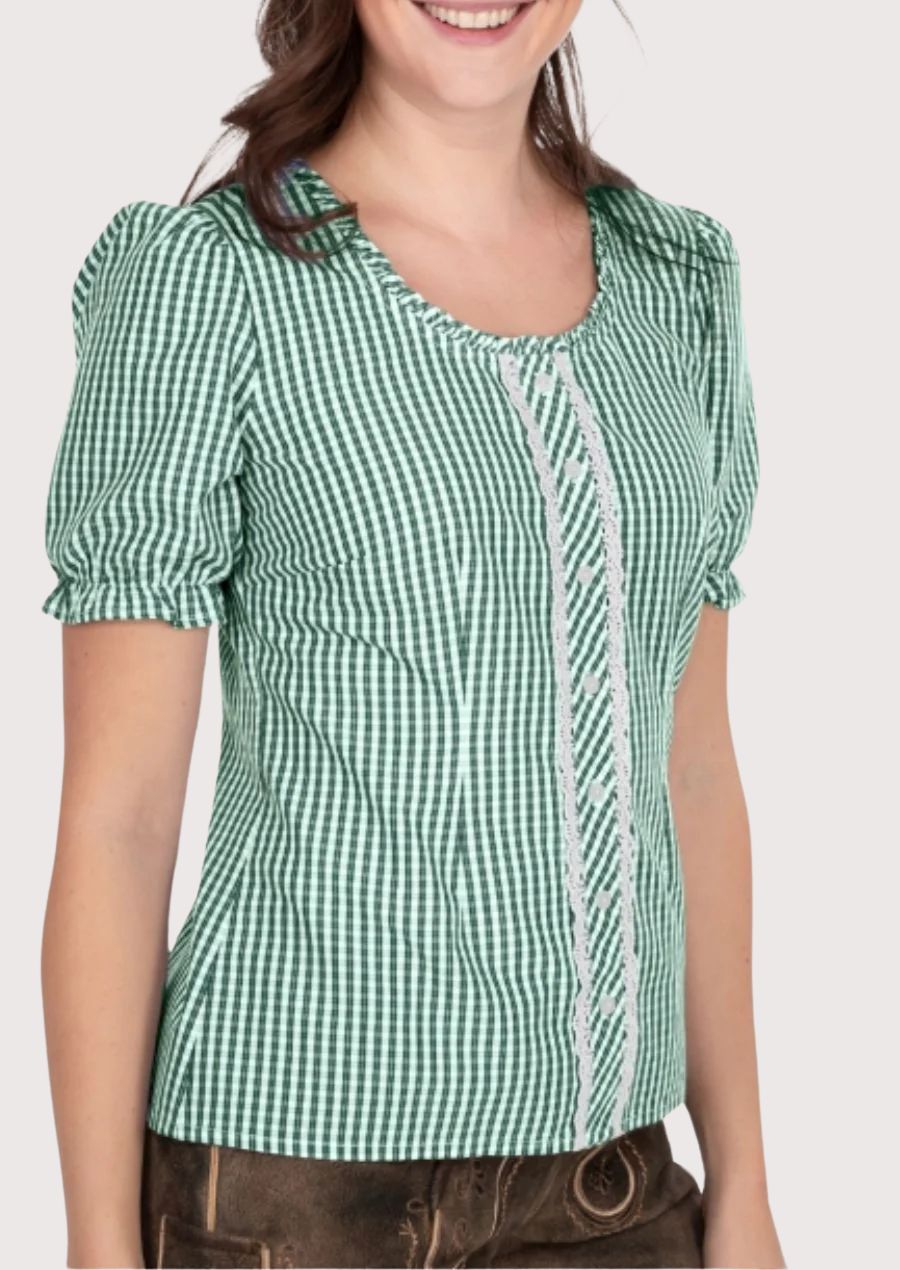 Chic Dirndl Blouse for Women in Green Gingham - Ideal for Oktoberfest and Cultural Events