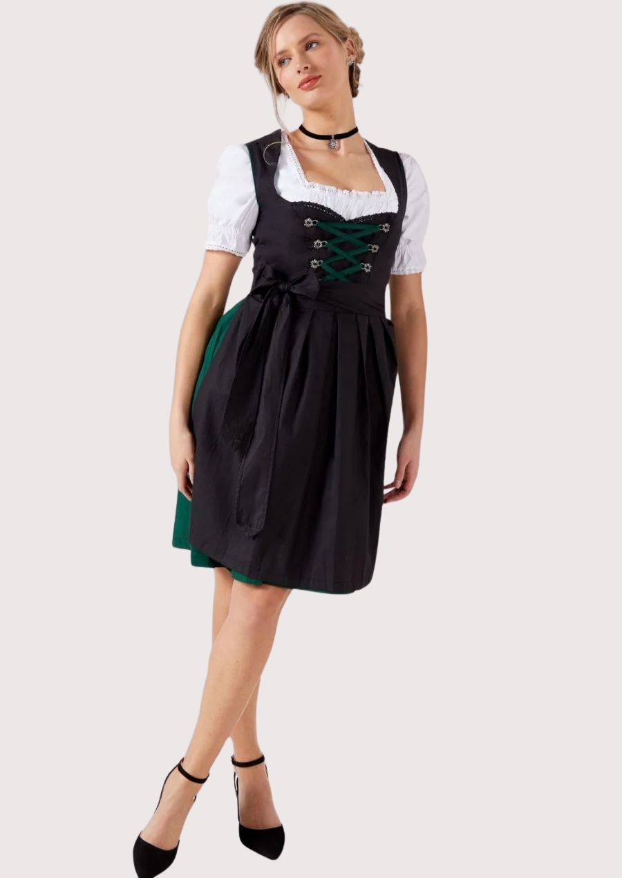 Elegant black and green Dirndl dress for women, ideal for Oktoberfest and cultural celebrations, featuring a traditional design with lace-up detail.