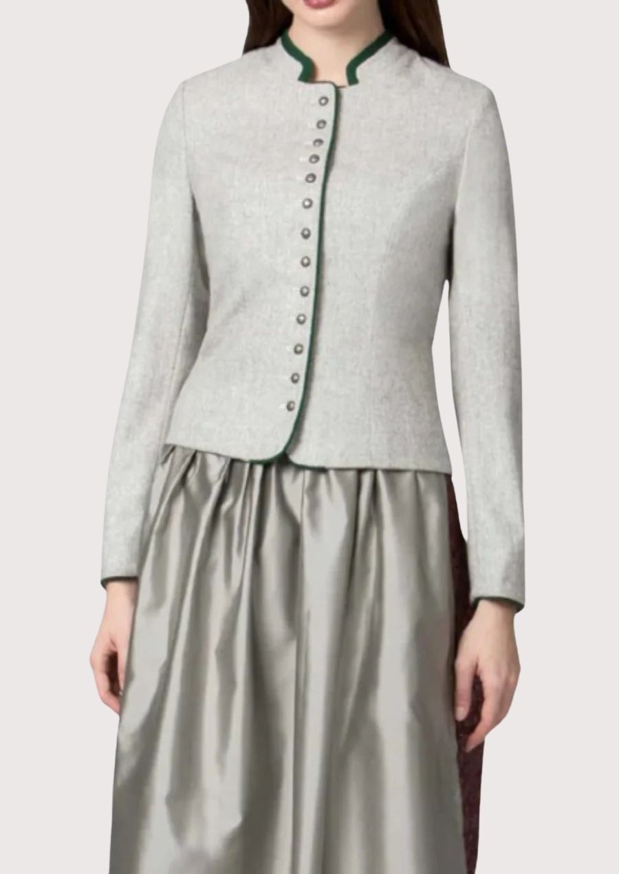 Elegant women's Trachten jacket in grey, perfect for Oktoberfest and cultural events, featuring premium fabric and stylish design.