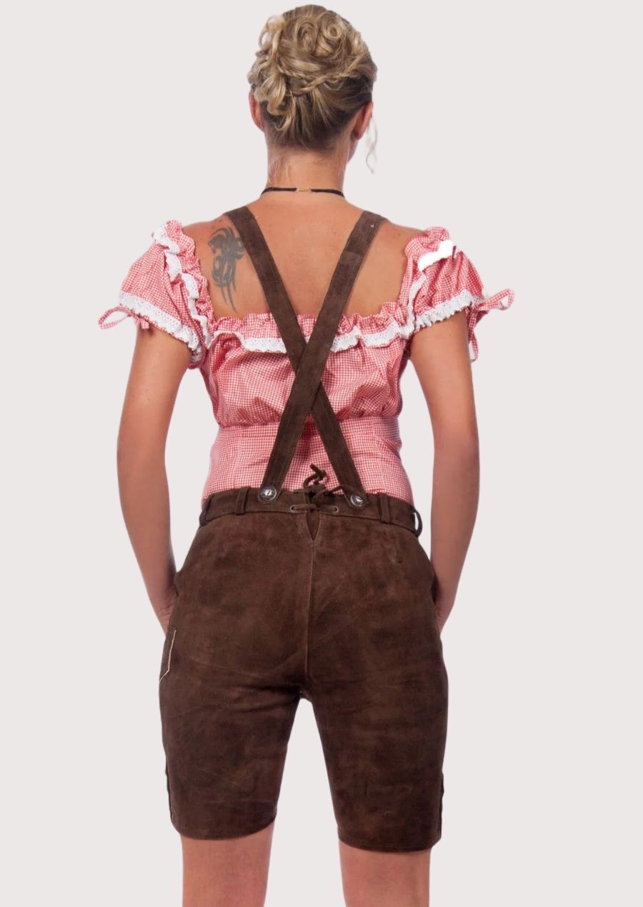 Oktoberfest Women’s Lederhosen – Elegant Suede Leather with Intricate Floral Embroidery and Adjustable Fit