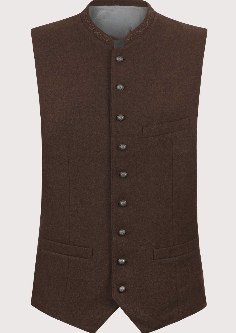 Dark Brown Wool Bavarian Vest Men with stand collar, traditional Bavarian waistcoat, Oktoberfest clothing, white shirt, beige lederhosen, German Alpine menswear.