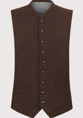 Dark Brown Wool Bavarian Vest Men with stand collar, traditional Bavarian waistcoat, Oktoberfest clothing, white shirt, beige lederhosen, German Alpine menswear.