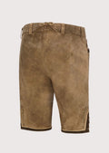 Classic alpine brown lederhosen pants featuring traditional flap and folk embroidery
