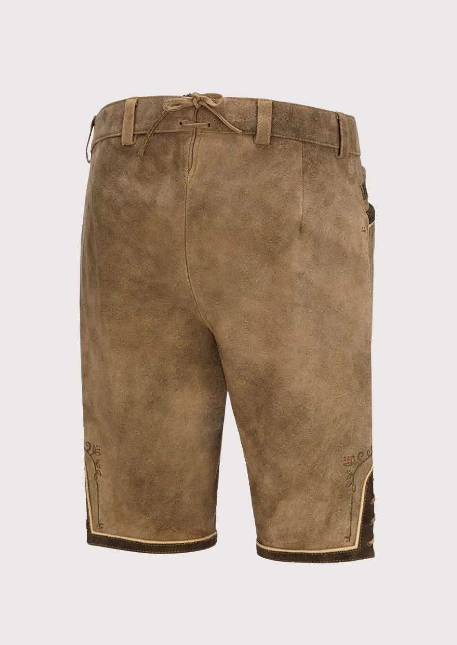 Classic alpine brown lederhosen pants featuring traditional flap and folk embroidery