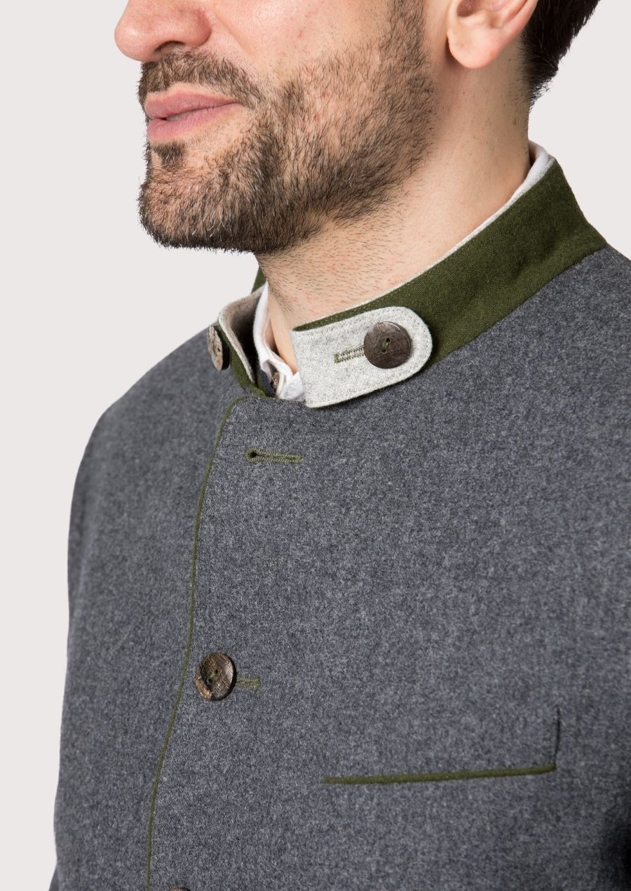 Classic alpine men’s jacket crafted from grey wool fabric.