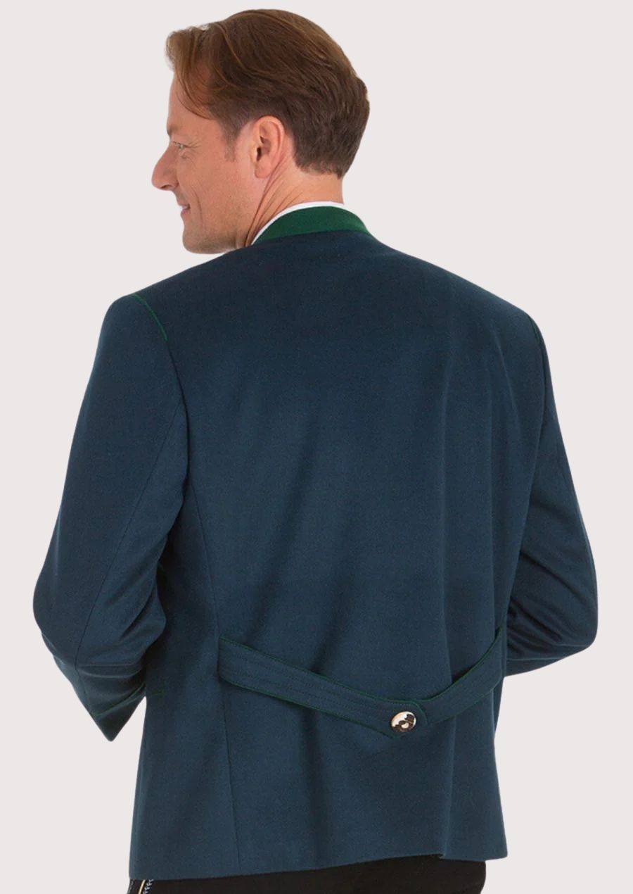 Classic alpine navy jacket showcasing green embroidery, double-breasted front, and authentic German Trachten craftsmanship.