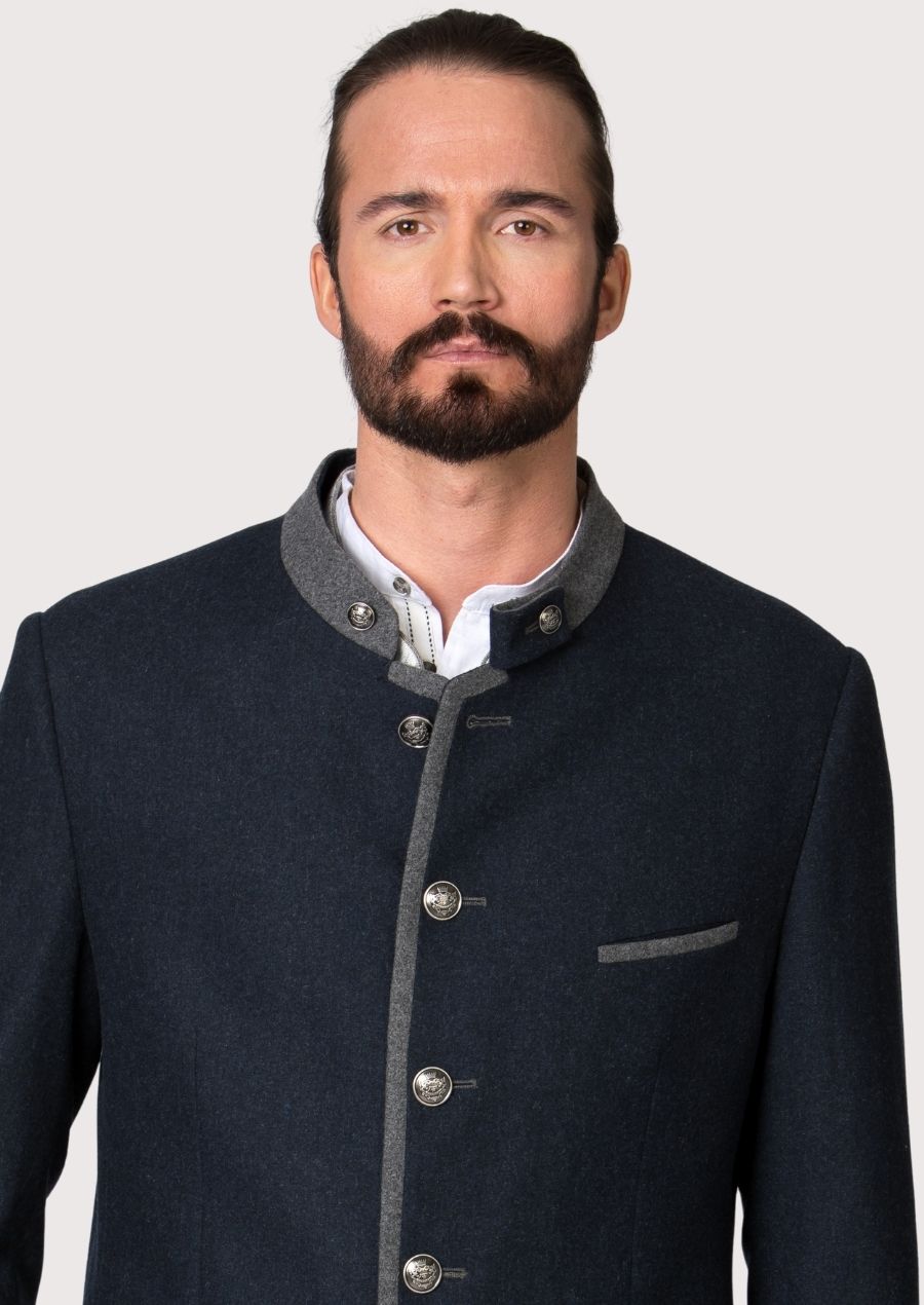 Alpine style men’s blue jacket with silver buttons.