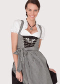 Women's Bavarian Dirndl dress with a black embroidered bodice, black and white gingham apron, decorative lace-up front, and traditional Alpine design.
