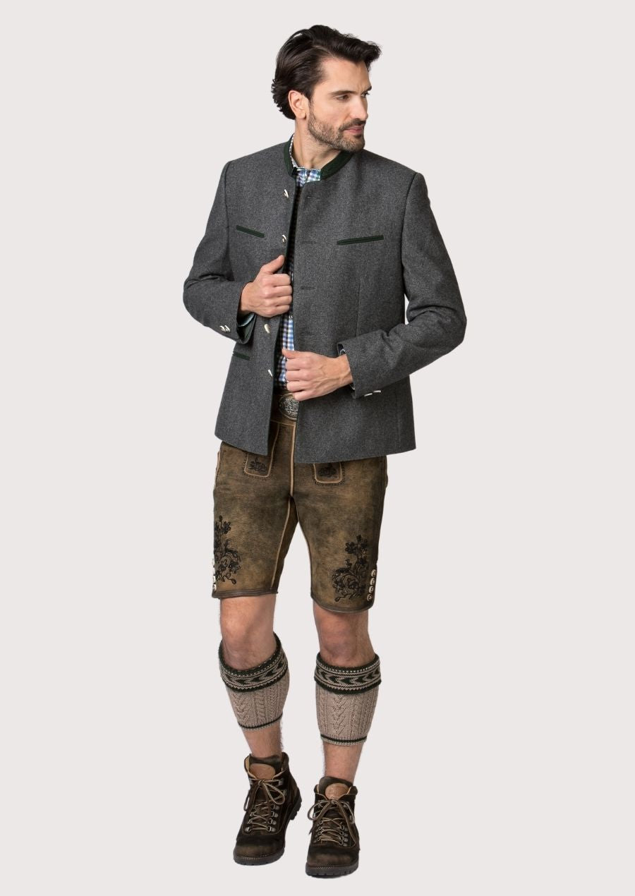Classic Bavarian grey wool jacket with green piping accents.