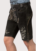 Traditional black lederhosen shorts with gothic embroidery, skull details and premium suede construction