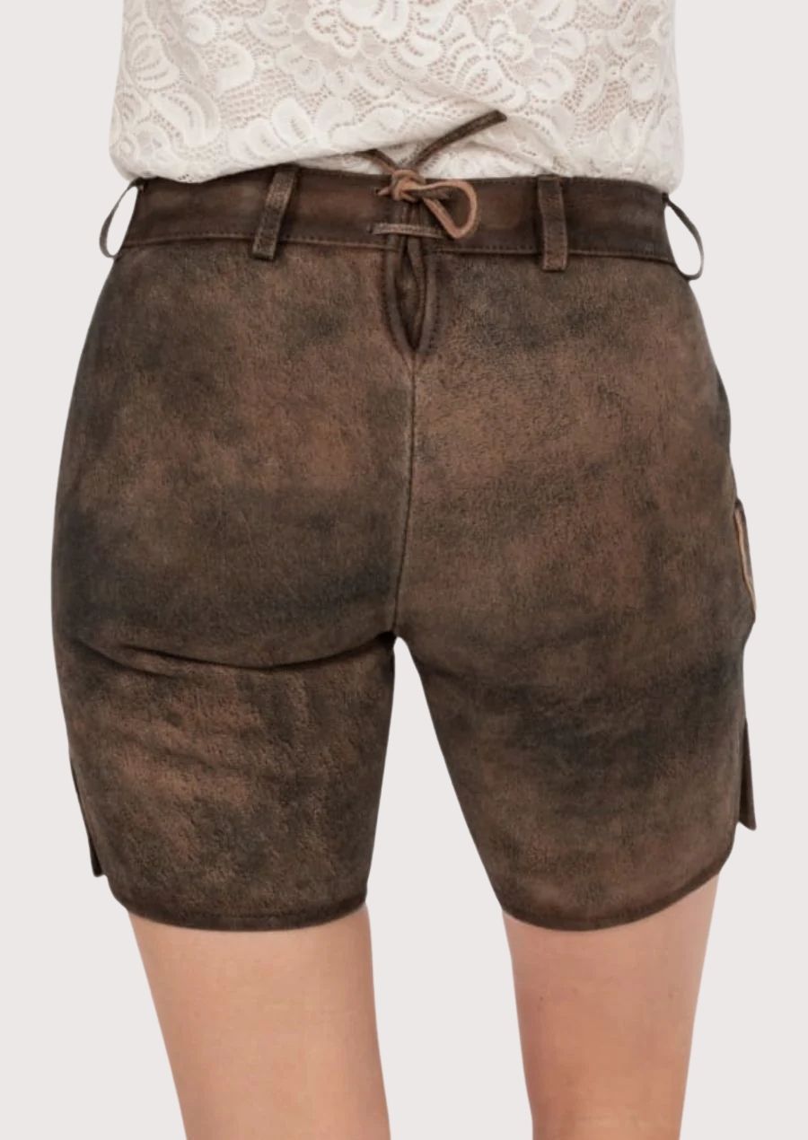 Classic Bavarian women’s lederhosen shorts featuring decorative stitching and leather finish