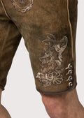 Men's traditional brown lederhosen outfit combined with a refined striped dress shirt and heritage belt