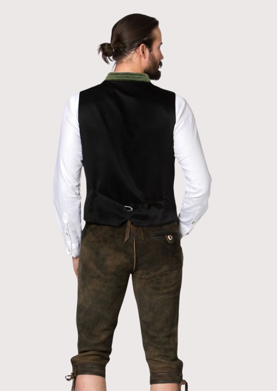 Stylish Bavarian vest with intricate embroidery and wooden buttons, designed for Oktoberfest and folk festivals.


