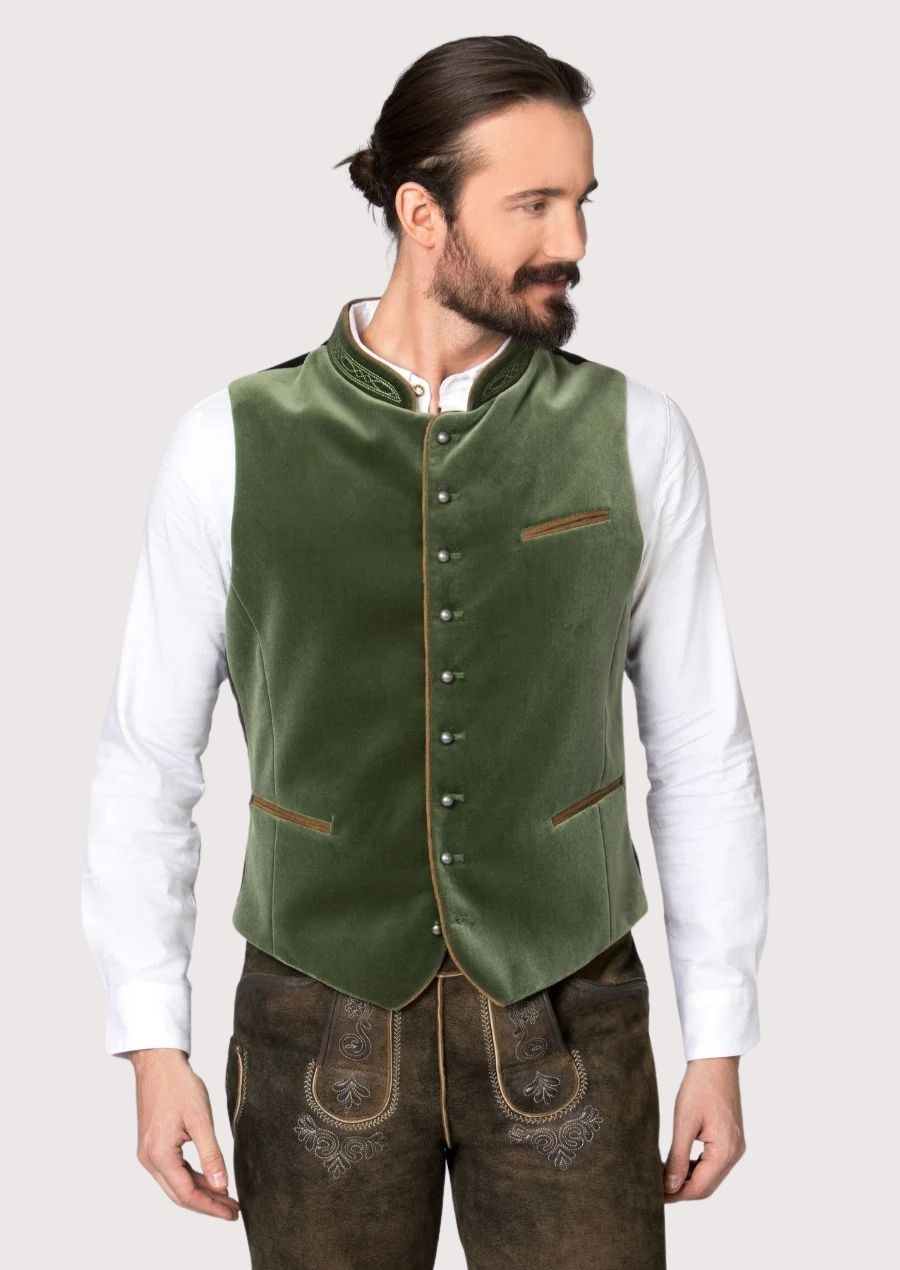 Classic Bavarian Vest for men in green velvet with wooden buttons and embroidered details, perfect for Oktoberfest and cultural celebrations.

