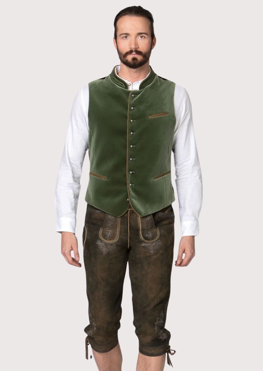 Classic Bavarian Vest for men in green velvet with wooden buttons and embroidered details, perfect for Oktoberfest and cultural celebrations.

