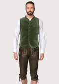 Classic Bavarian Vest for men in green velvet with wooden buttons and embroidered details, perfect for Oktoberfest and cultural celebrations.

