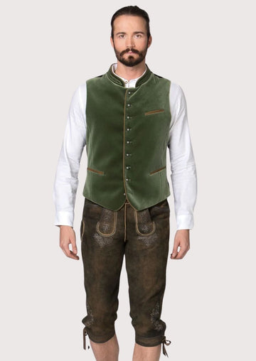 Classic Bavarian Vest for men in green velvet with wooden buttons and embroidered details, perfect for Oktoberfest and cultural celebrations.

