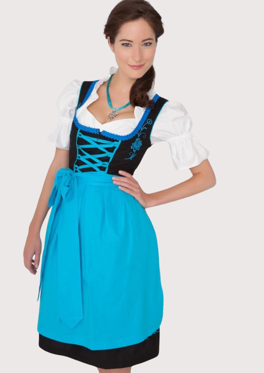 Classic black and blue Oktoberfest Dirndl dress crafted with floral embroidery, fitted lace-up corset bodice, and matching blue apron for festive occasions.