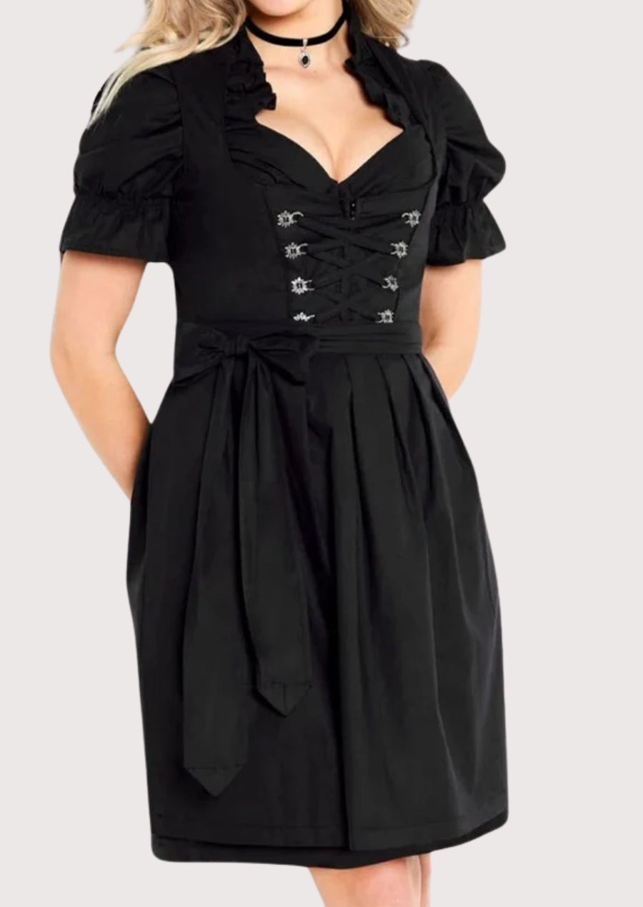 classic black corset Dirndl dress with lace-up corset bodice, matching black apron, puff sleeve blouse, traditional Bavarian Oktoberfest outfit, authentic German Trachten dress.