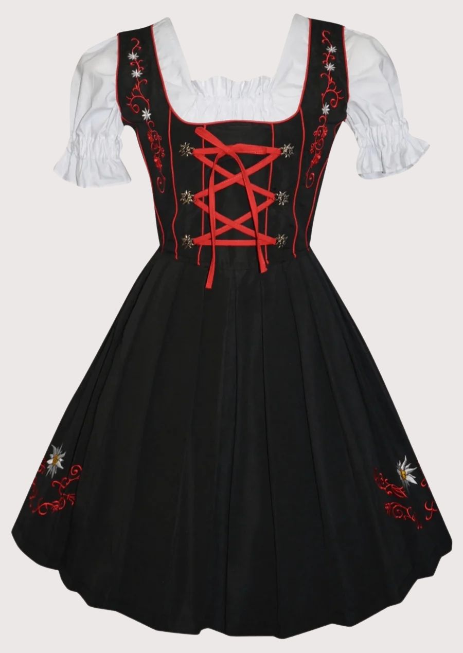 Classic black and red Oktoberfest Dirndl dress with floral embroidery, decorative corset lacing, white puff sleeves, and a full pleated apron.