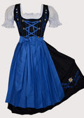 Classic Oktoberfest Dirndl dress in black and royal blue featuring floral embroidery, fitted corset bodice, white puff sleeves, and pleated apron.