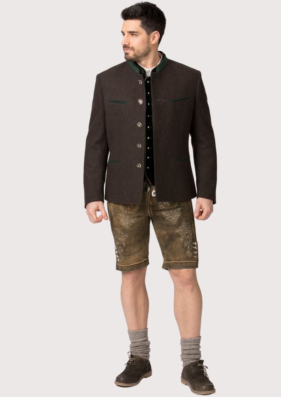 Classic brown alpine men’s jacket with green detailing and metal buttons.