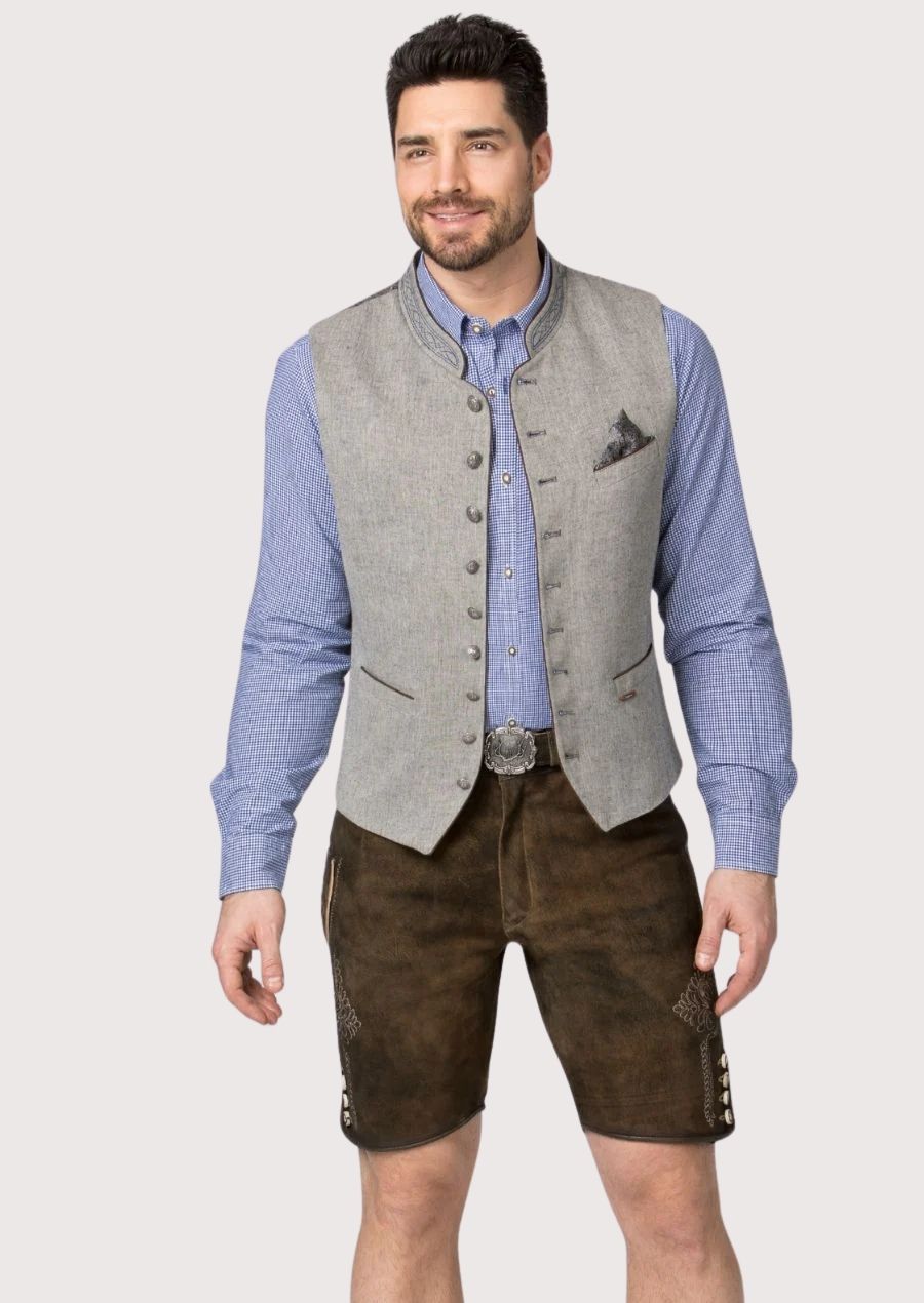 Dark brown goatskin suede lederhosen featuring subtle embroidery and traditional Bavarian craftsmanship