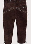 Classic German Bundhosen with deer leather inspired finish, suspenders, and traditional Bavarian detailing