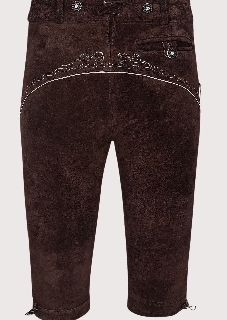Classic German Bundhosen with deer leather inspired finish, suspenders, and traditional Bavarian detailing
