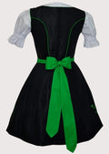 Classic Oktoberfest Dirndl dress in black and green featuring floral embroidery, fitted corset bodice, white puff sleeves, and a pleated green apron.