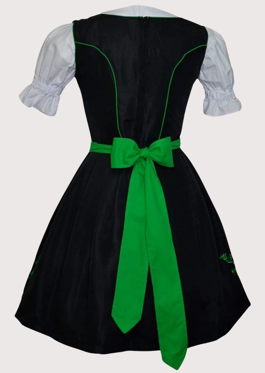 Classic Oktoberfest Dirndl dress in black and green featuring floral embroidery, fitted corset bodice, white puff sleeves, and a pleated green apron.