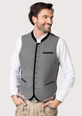 Classic grey Bavarian vest with metal buttons worn with lederhosen