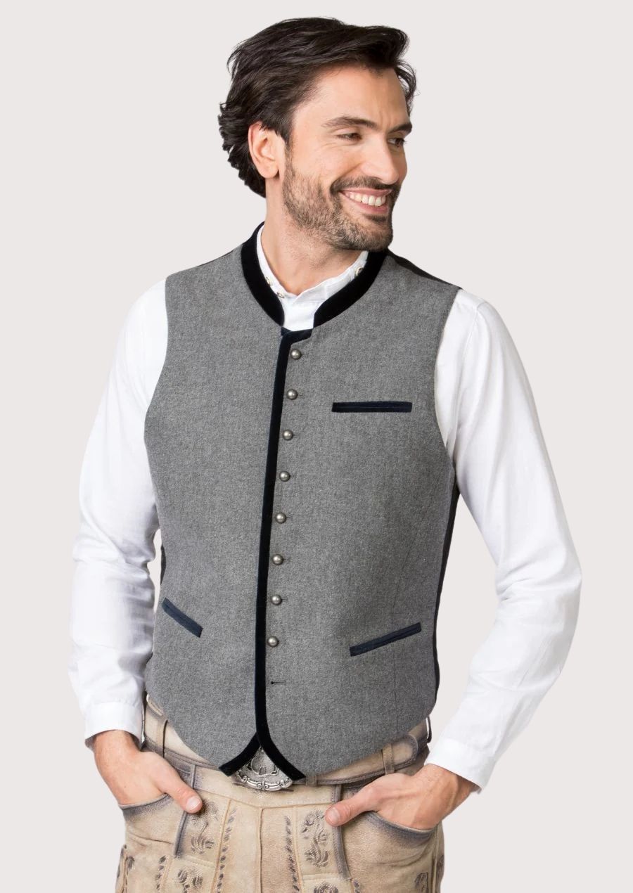 Classic grey Bavarian vest with metal buttons worn with lederhosen
