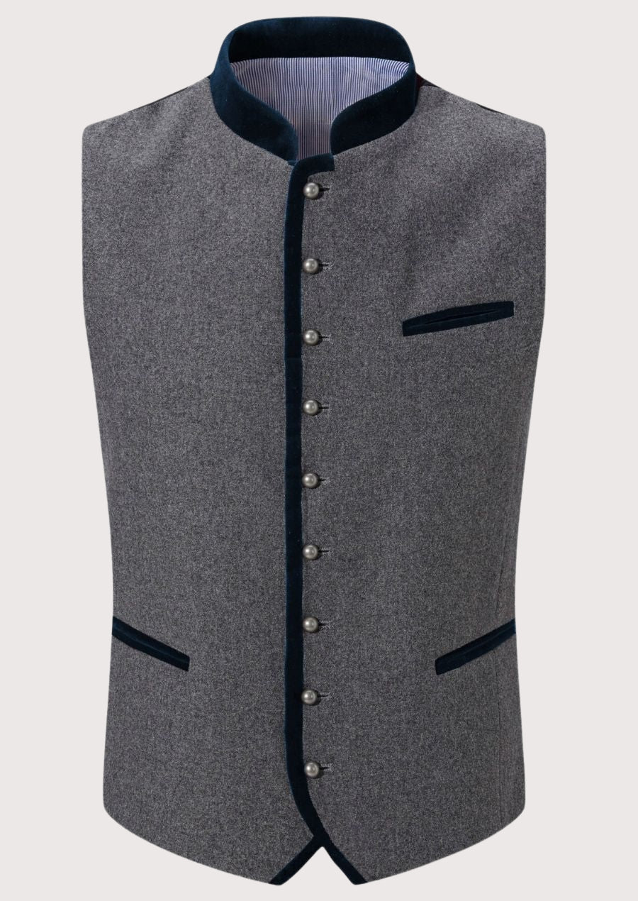 Classic grey Bavarian vest featuring dark velvet trim