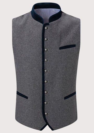 Classic grey Bavarian vest featuring dark velvet trim