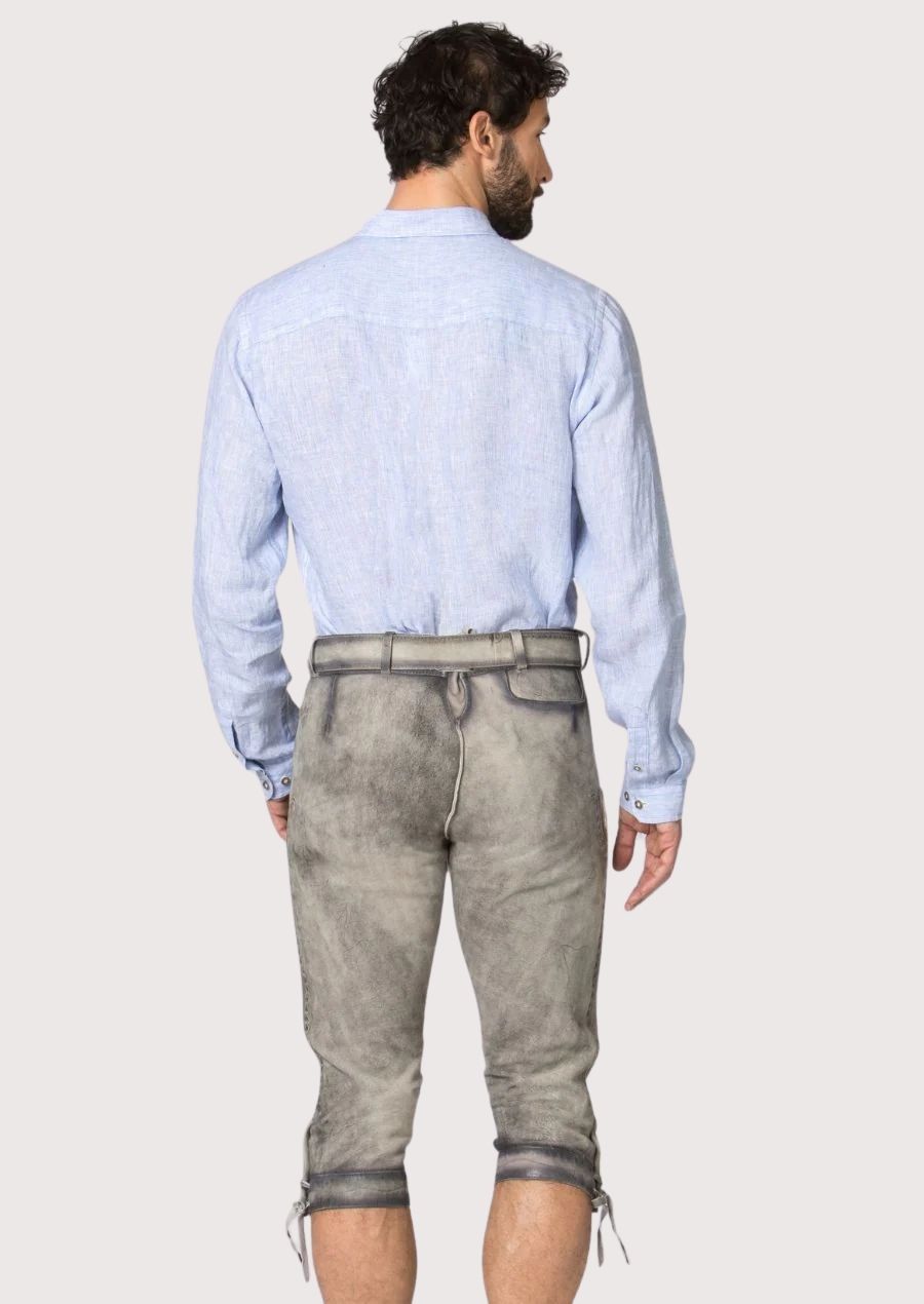 Classic grey Bundhosen with knee-length fit, rustic suede texture, and traditional German heritage styling