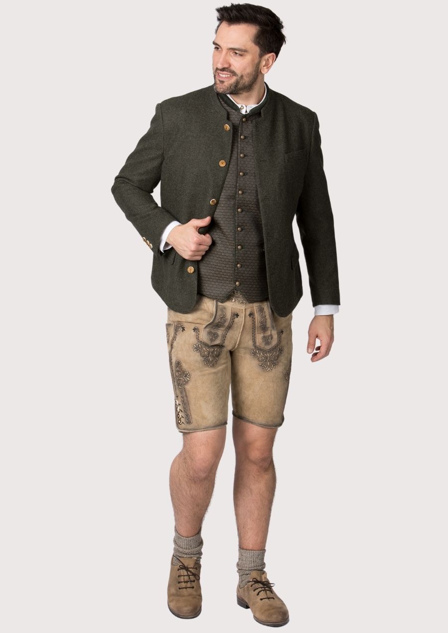 Classic alpine style men’s jacket in olive wool with front buttons.