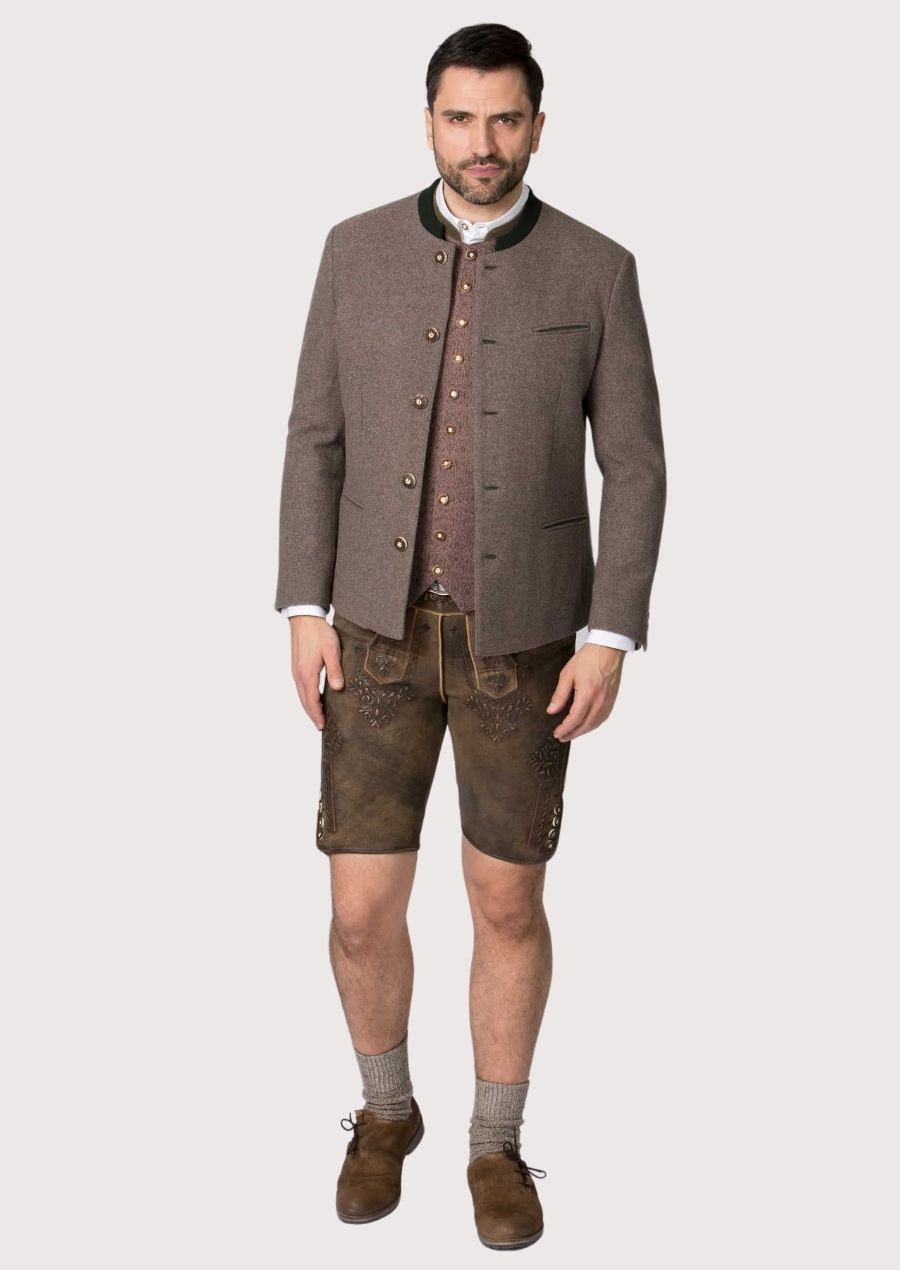 Classic Bavarian-style men’s brown jacket with tailored wool finish.