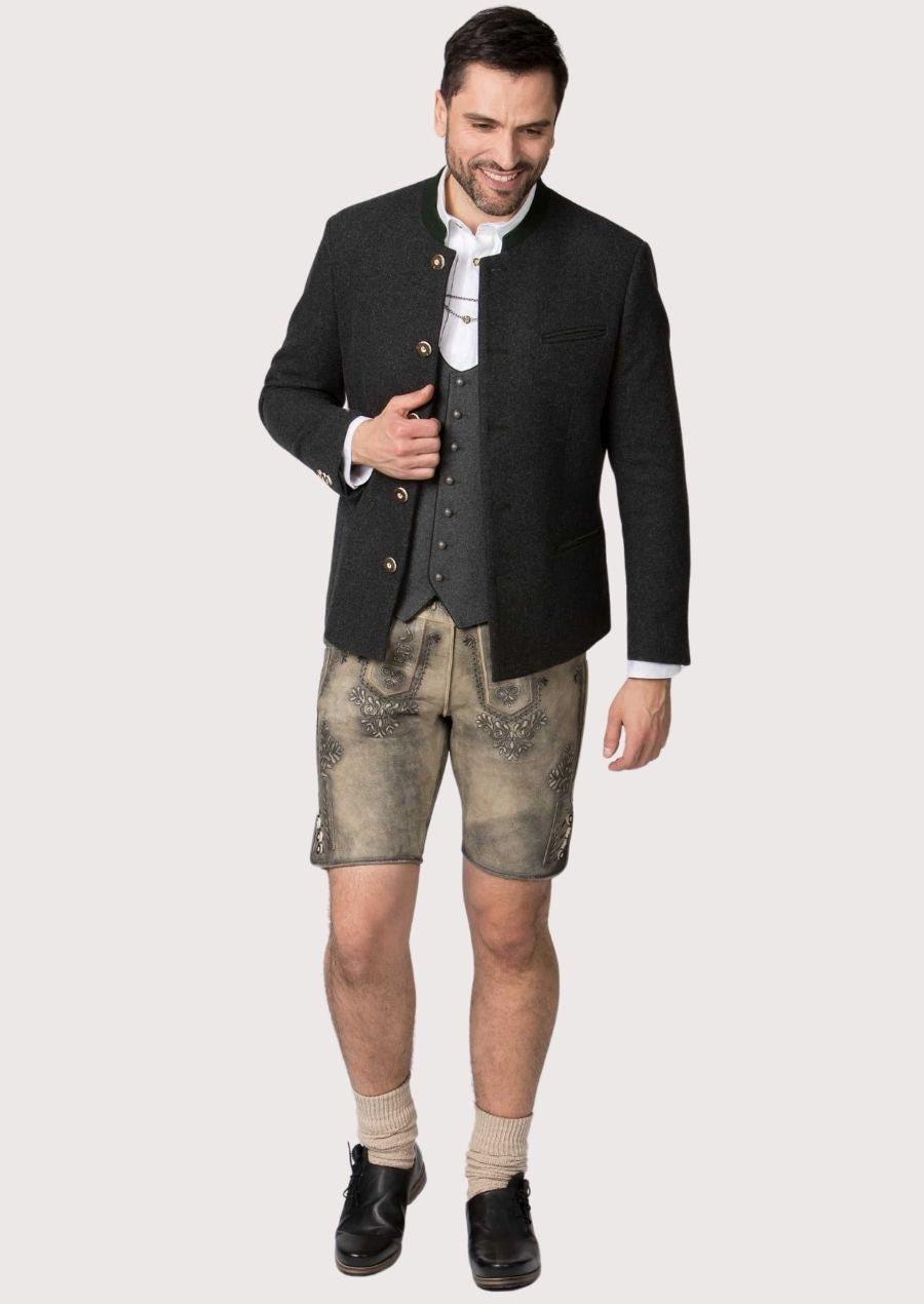 Dark grey alpine style men’s jacket with structured fit.