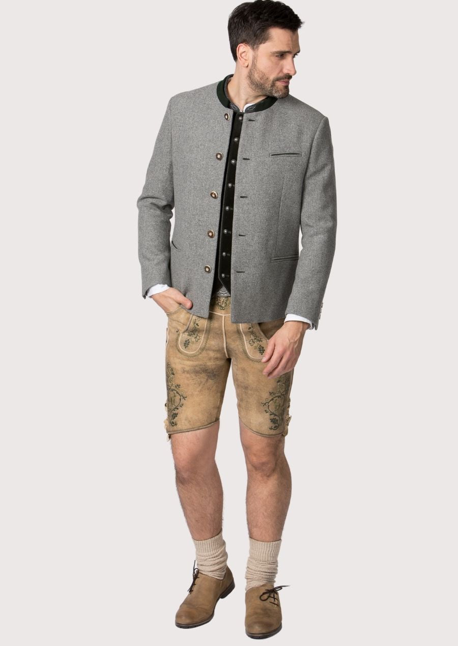 Classic alpine-style men’s grey jacket with front button closure.