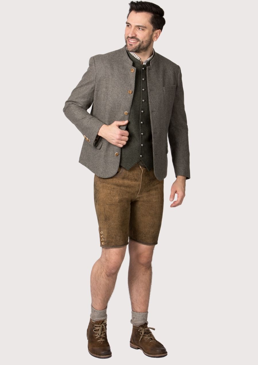 Classic alpine men’s jacket in grey wool with front button closure.