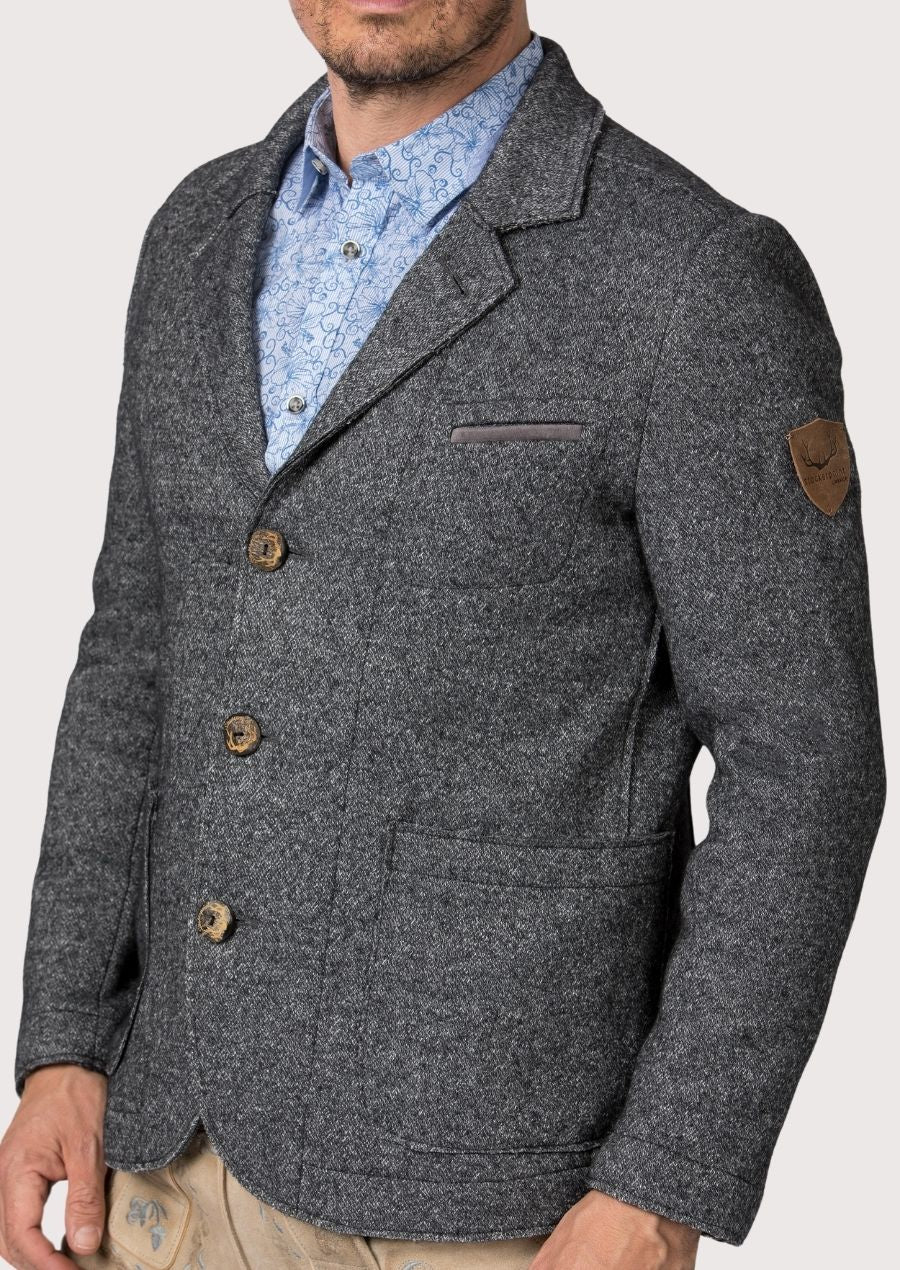 Classic alpine-inspired men’s blazer in textured grey wool.