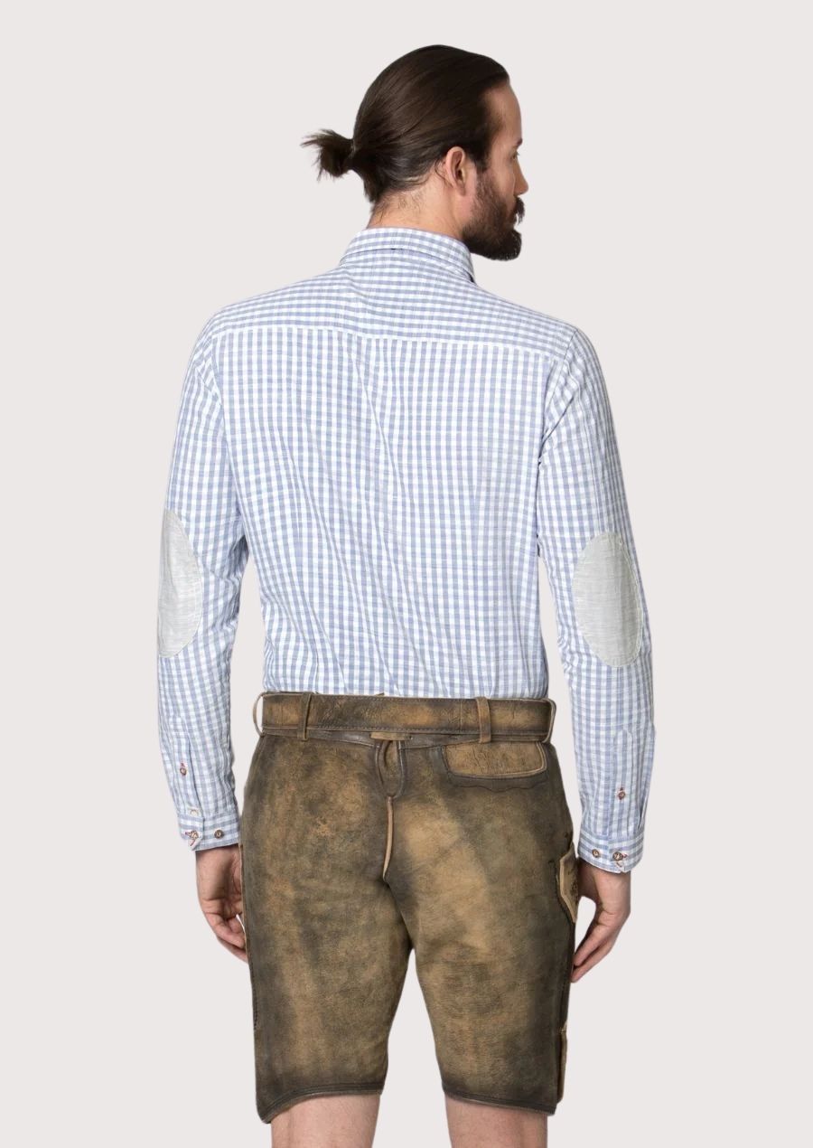 Men's premium suede lederhosen with vintage leather texture and detailed black embroidered accents