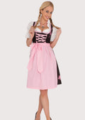 Classic German Dirndl dress featuring a black bodice, elegant pink apron, decorative embroidery, white blouse, and feminine Oktoberfest silhouette.