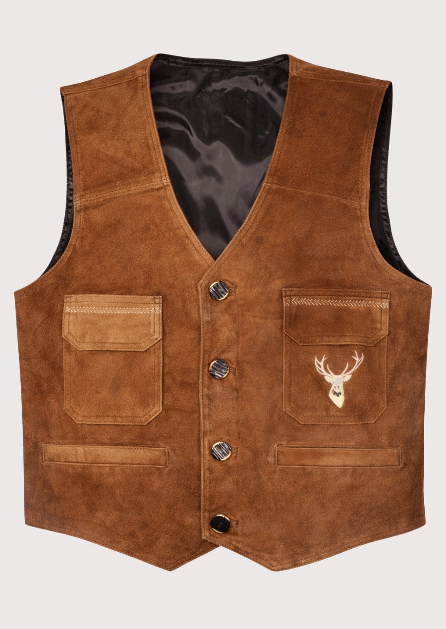 Brown suede leather Trachten vest for men with embroidered deer emblem, front and back view, traditional Bavarian waistcoat, Oktoberfest clothing, genuine leather Alpine vest.