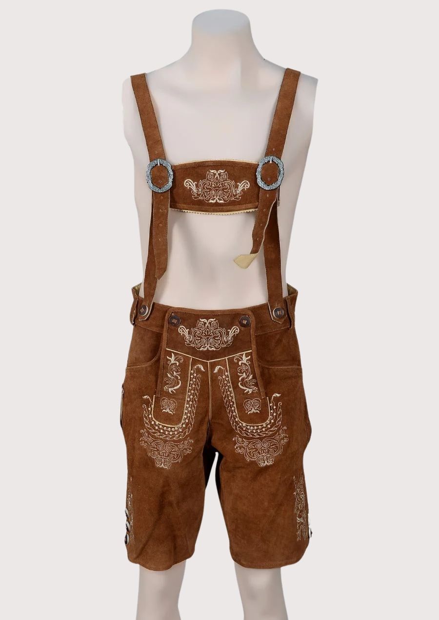Cognac Suede Lederhosen Suspenders in brown suede featuring decorative embroidery, leather braces, and premium finish