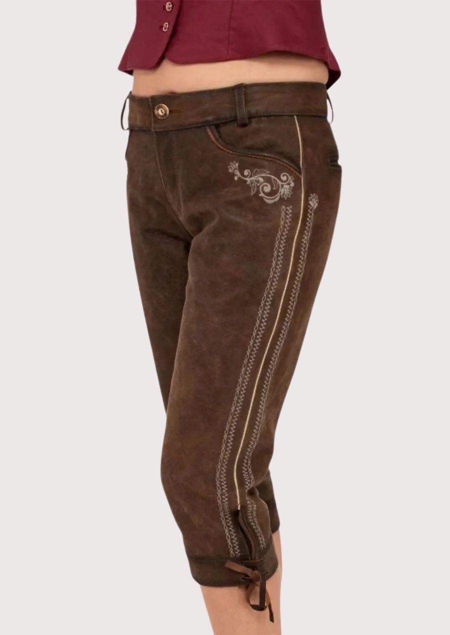 Cozy Women’s Bundhosen in brown with stylish embroidery – perfect for winter festivals.

