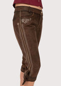 Fashionable brown Bundhosen for women with adjustable cuffs and detailed embroidery.

