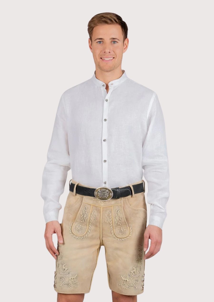 Men's cream goatskin suede lederhosen featuring elegant Alpine embroidery and traditional Bavarian detailing
