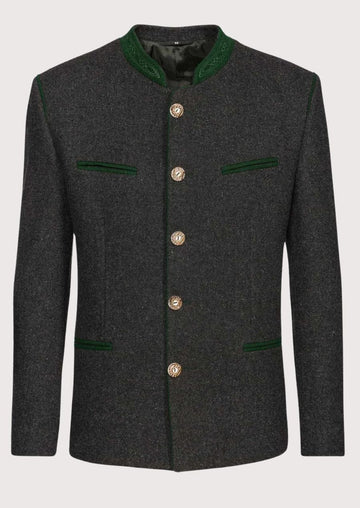 Men's Dark Alpine Jacket Forest Green Trim with green stand collar, decorative metal buttons, Bavarian blazer, traditional German jacket, Alpine formalwear, Oktoberfest clothing, heritage menswear, premium Trachten fashion, and authentic Bavarian style